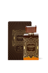 A bottle of Zimaya Amber Is Great Eau De Parfum next to its matching outer box, both featuring a dark brown and gold Art Deco design with an orange accent at the bottom, set against a plain white background.