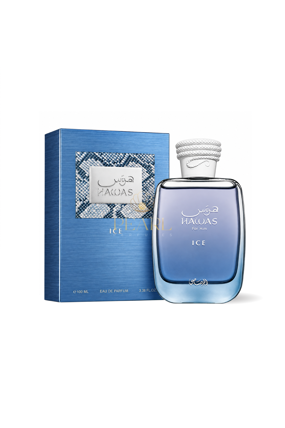 Hassan Alawas Ice Eau de Parfum bottle and its blue packaging box, displayed on a clean white background.