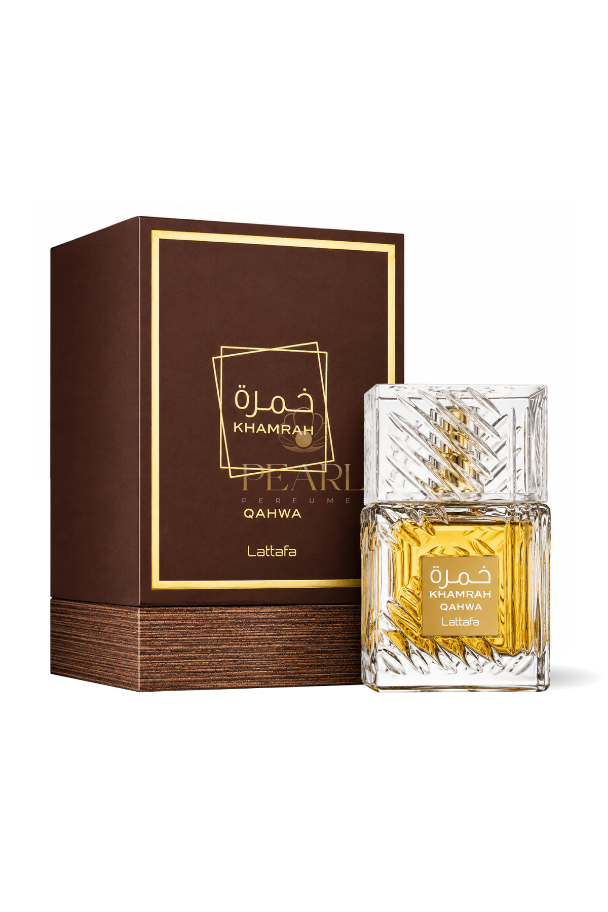 Khamrah Qahwa perfume 100ml bottle by Lattafa with gold and clear designbackground.