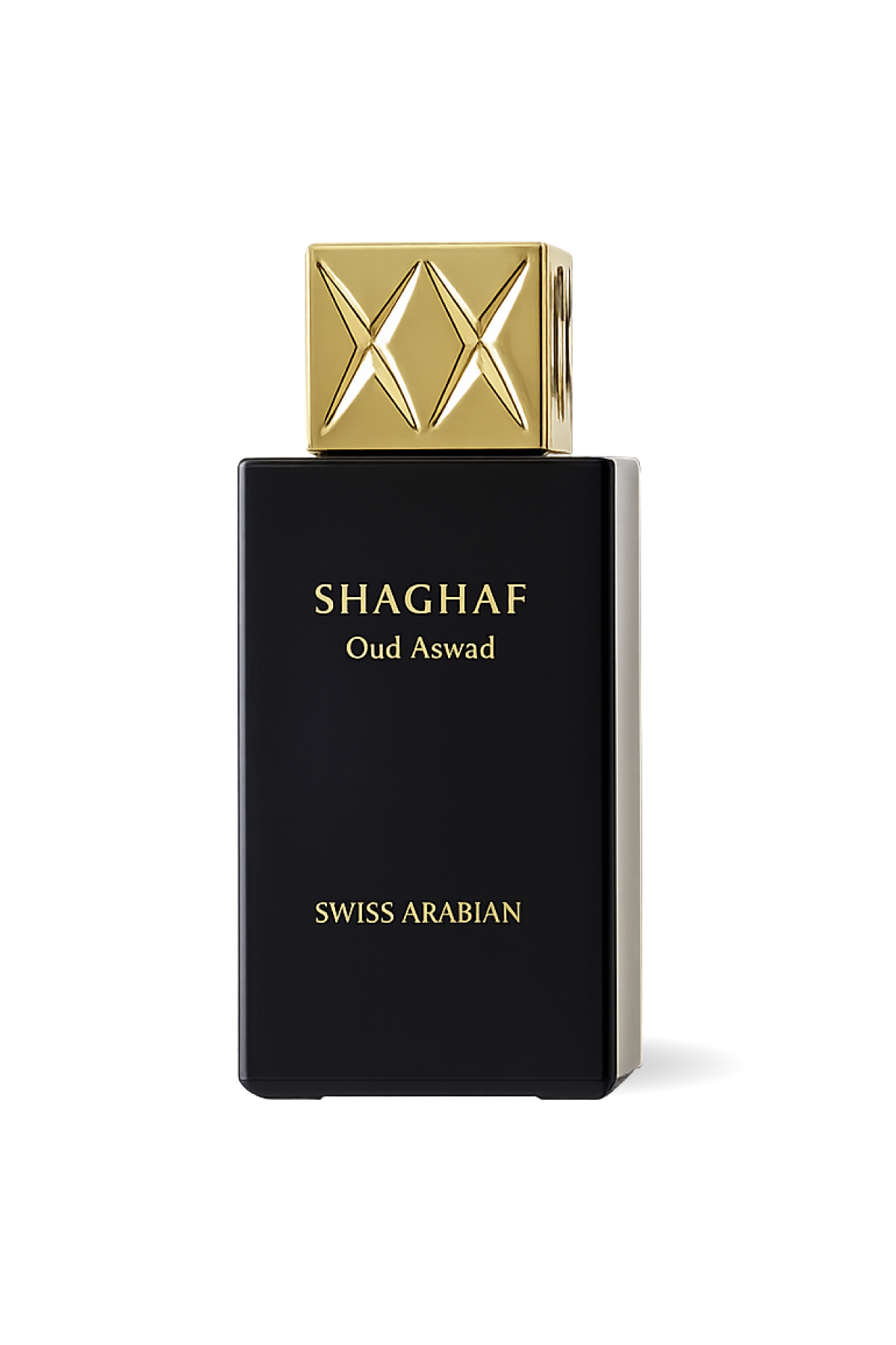 Shaghaf Oud Aswad perfume bottle by Swiss Arabian, featuring a matte black rectangular bottle with a textured gold cap and gold lettering, set against a plain white background.